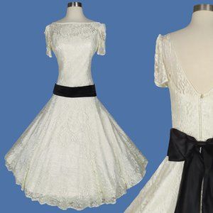 Vintage 80s 20s Cream Lace Black Bow Drop Waist Prom Party Dress S M